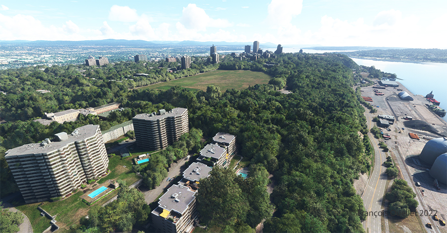 Vue partielle de la Ville de Québec en simulation de vol avec MSFS 2020