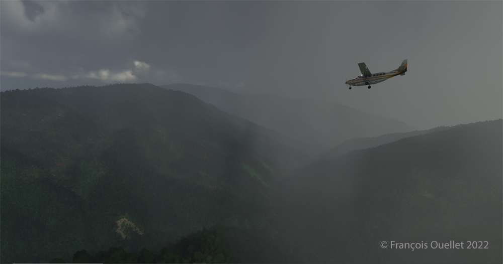 Cessna Grand Caravan 208B approaching the Bugalaga airstrip in flight simulation.