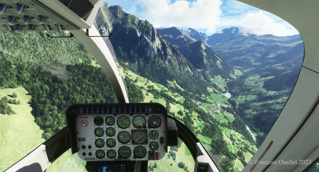 Au décollage de Lauterbrunnen, Suisse, avec Microsoft Flight Simulator 2020.