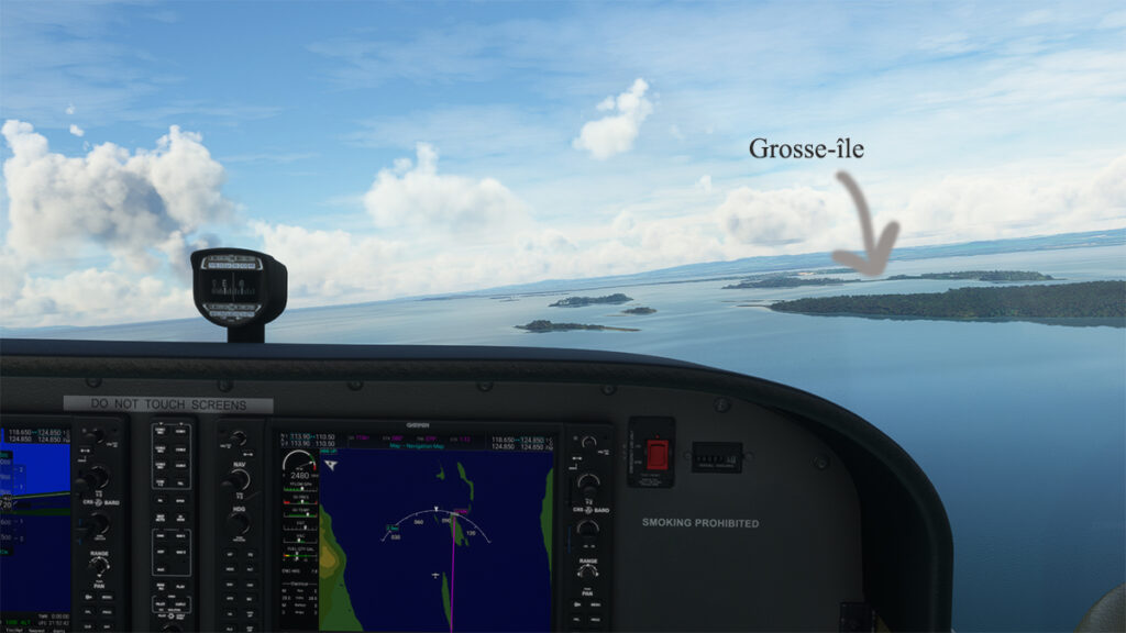 En approche pour Grosse-Île au-dessus du fleuve St-Laurent avec le simulateur de vol MSFS 2020.