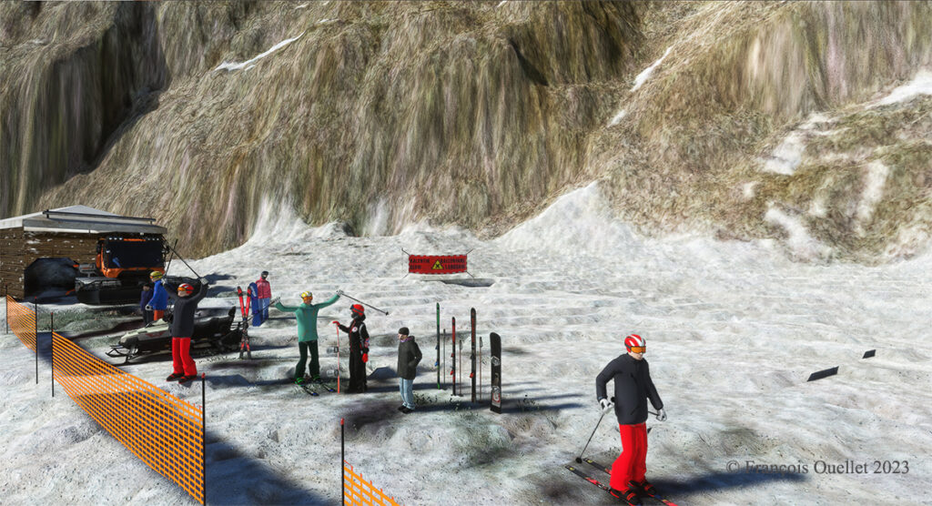Les skieurs virtuels de Red Wing Simulations à la base de l'observatoire du Jungfraujoch avec Microsoft Flight Simulator.