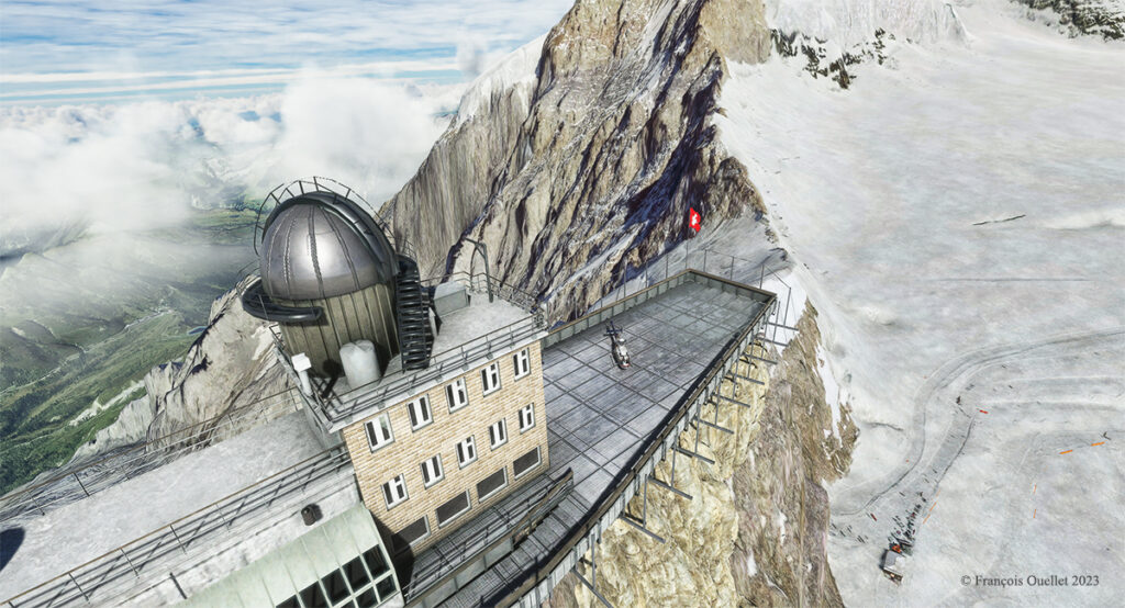 L'observatoire astronomique du Sphinx sur le Jungfraujoch et l'hélicoptère virtuel avec Microsoft Flight Simulator.