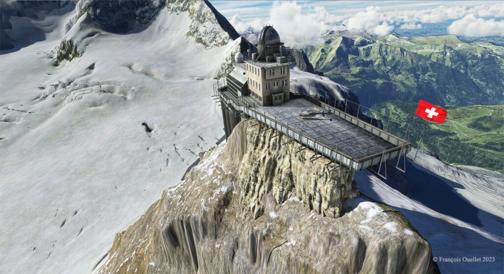 The Sphinx observatory on the Jungfraujoch with the Bell 407 helicopter on the platform using Microsoft Flight Simulator.