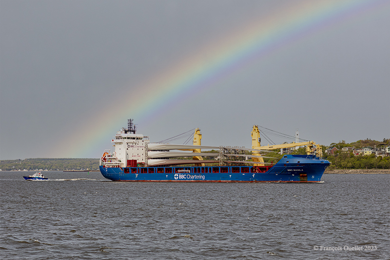 The BBC Manila carries wind turbine blades on the St.Lawrence Seaway near Quebec City.