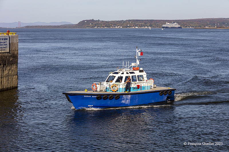 Returning to Quebec harbour after a change of pilot in the Explora 1 cruise ship. 2023.