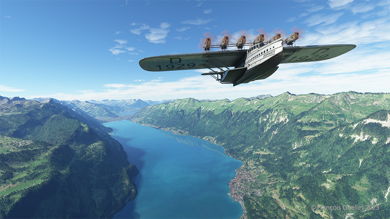 Dornier DO X flyingboat over Lake Brienz in Switzerland with Microsoft flight simulator.