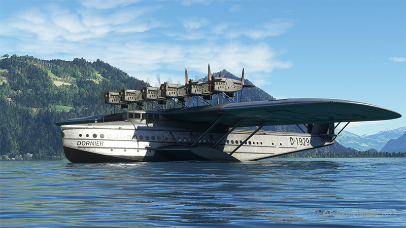 Dornier DO X stops its engines on a Swiss lake with Microsoft's flight simulator