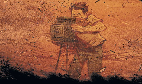 The main character in the graphic novel tries to do his job in the sandstorm.