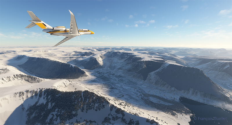 Le Cessna Citation Longitude au décollage de l'aéroport d'Isafjordur (BIIS) en Islande avec Microsoft Flight Simulator.