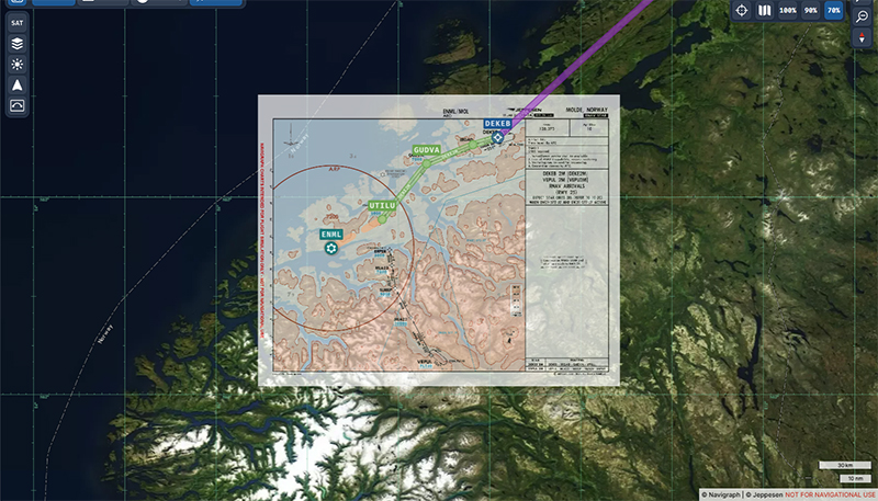 Une carte de Navigraph en superposition sur la géographie de la Norvège pour l'approche à l'aéroport de Molde (ENML).