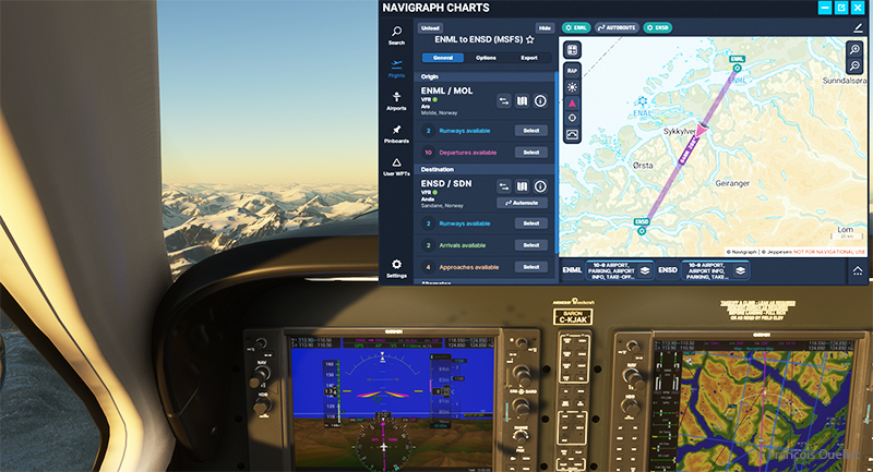 L'outil Navigraph pour la simulation de vol et la carte VFR de ENML vers ENSD.