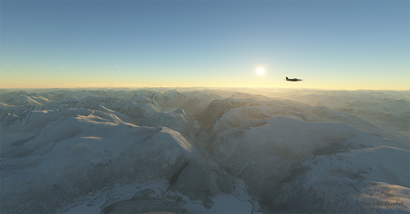 Soleil du matin dans les montagnes norvégiennes avec Microsoft Flight Simulator.