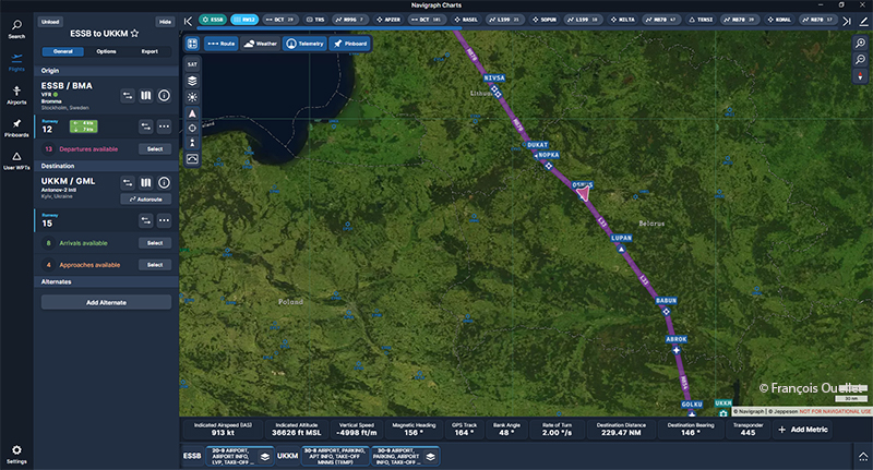 Carte Navigraph pour un vol entre ESSB et l'aéroport international Antonov (UKKM).