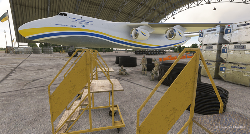 L'Antonov 225 et des soldats Ukrainiens à l'aéroport international Antonov (UKKM) avec Microsoft Flight Simulator.