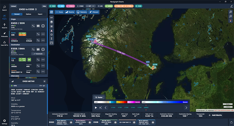 Carte Navigraph montrant le vol de l'aéroport Sandane (ENSD) vers l'aéroport Stockholm-Bromma (ESSB) en simulation de vol.