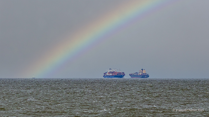 Les navires Barcelona Express et MSC Tuxpan sur le fleuve St-Laurent en 2023.