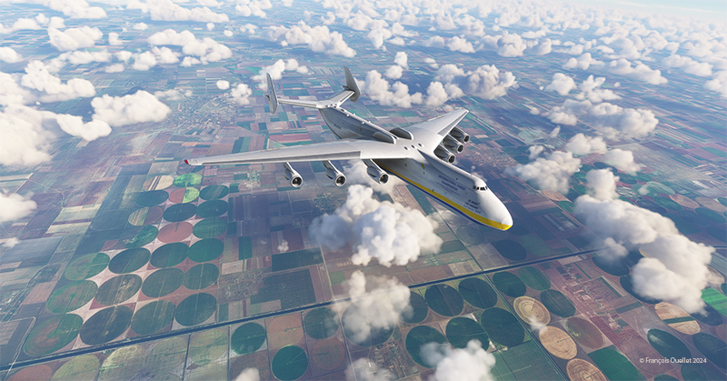 The Antonov 225 over the cultivated fields of Ukraine.