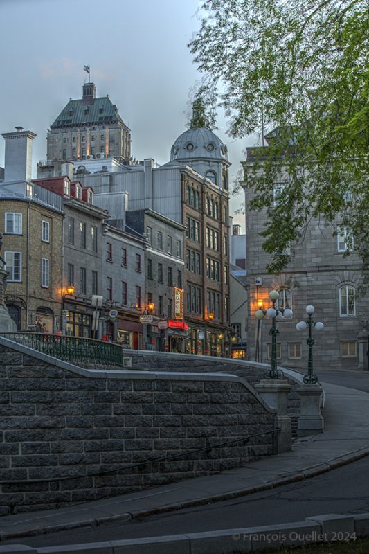 Old Quebec buildings seen from Côte de la Montagne, 2024.