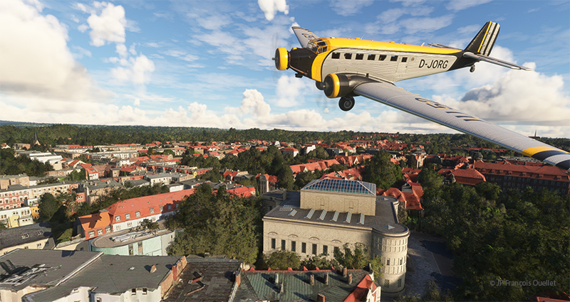 Un Junkers JU 52 survole le Musée national de préhistoire de Halle, en Allemagne, en simulation de vol.