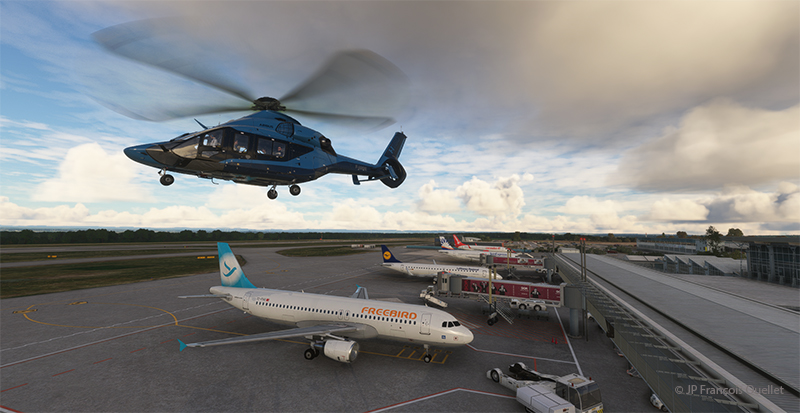 Un hélicoptère H160 atterrit à l'aéroport Padderborn Lippstadt (EDLP) en Allemagne en simulation de vol.