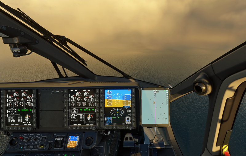 Virtual low clouds over the North Sea seen from a H160 helicopter in flight simulation