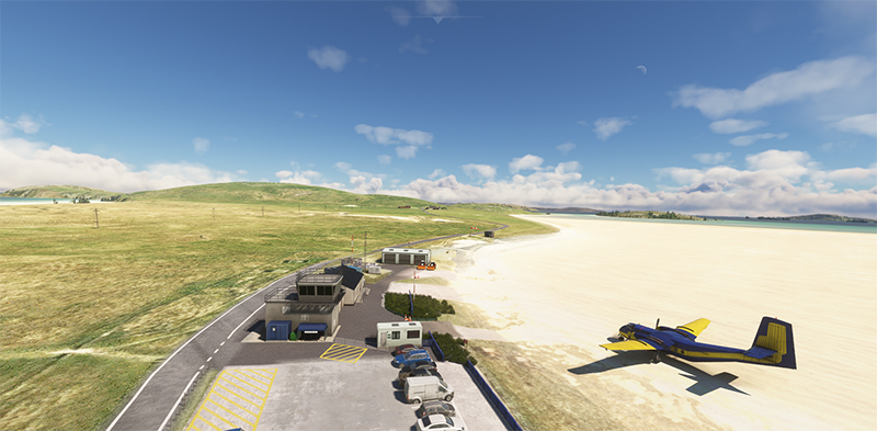 Aéroport de Barra virtuel (EGPR) et DHC-4 Caribou à l'arrêt en simulation de vol.