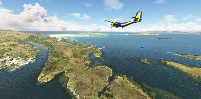 La plage de sable de Barra (EGPR) en vue avec l'avion virtuel DHC-4 Caribou avec MSFS.