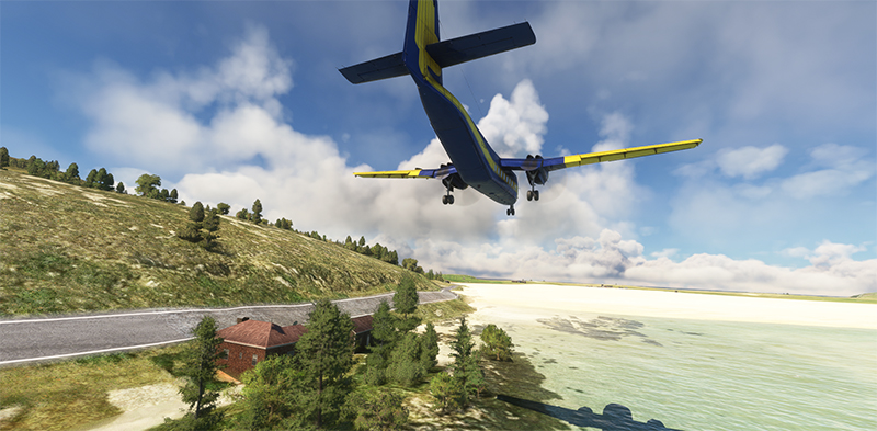 Avion virtuel DHC-4 Caribou en finale pour la plage de Barra (EGPR) avec MSFS.