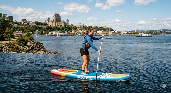 Planchiste sur le fleuve Saint-Laurent imaginé par l'IA.