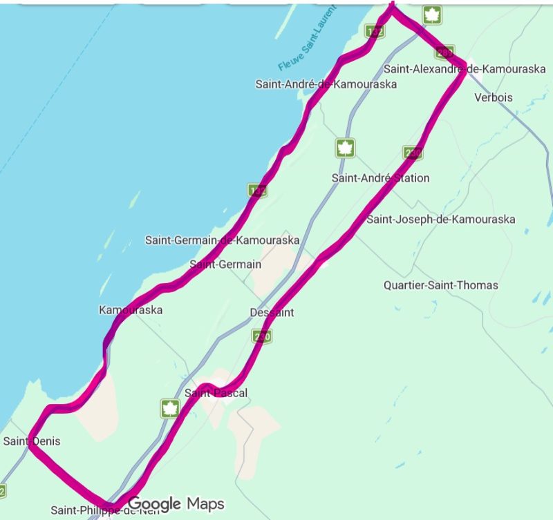 Carte d'un circuit en vélo de 77 km dans la région de Kamouraska