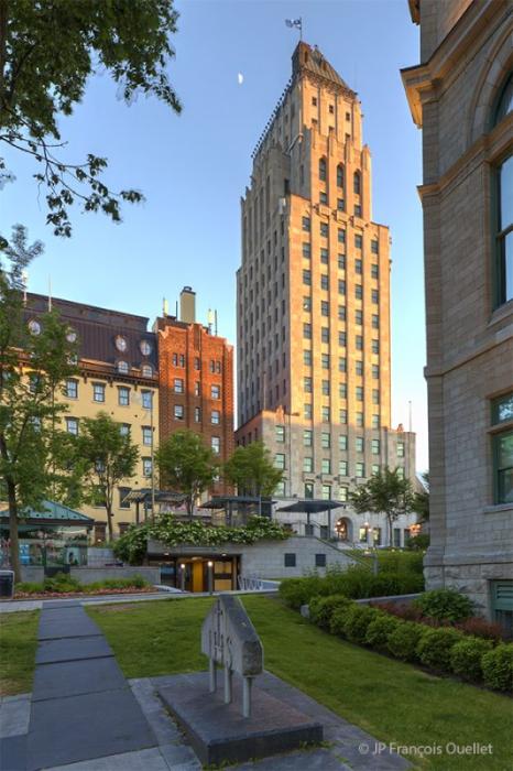 View of the buildings surrounding the Price Building in Old Quebec in summer.